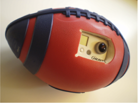 A BallCam prototype developed at Prof. Hideki Koike's laboratory. The embedded camera can capture video images that are then processed so they appear smooth.