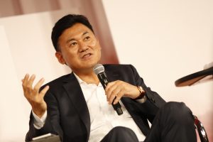 Hiroshi Mikitani on stage at Rakuten FinTech Conference 2016