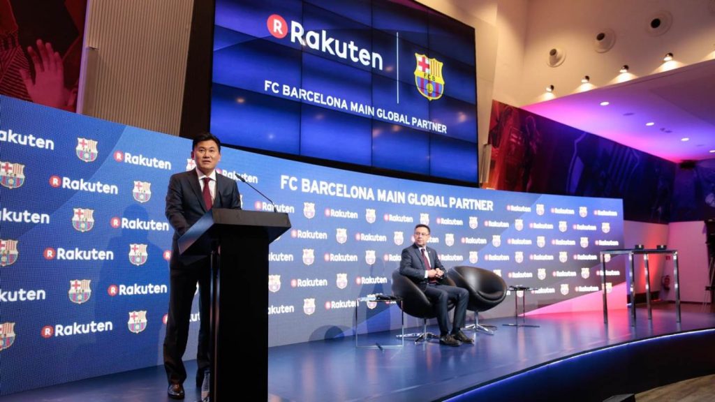barcelona rakuten image 2 Mickey speaks at a press conference announcing Rakuten's partnership with FC Barcelona.