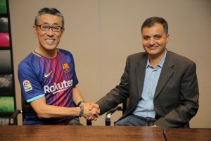 CIO & CISO, Group Executive Vice President, Rakuten Inc., Yasufumi Hirai shakes hands with Rakuten India’s new CEO, Sunil Gopinath at a recent celebration in Bangalore.