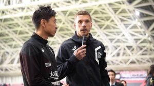 Lukas Podolski, Vissel Kobe's newly announced team captain, speaks to media after the team's home opener.