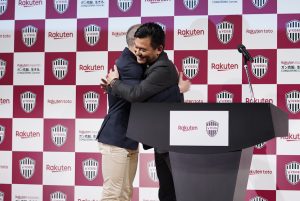 Iniesta was greeted on stage by Rakuten founder and CEO Hiroshi "Mickey" Mikitani who praised Iniesta's "world-class play style and technique."