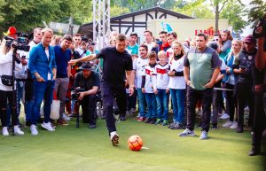 Poldi showed off his famous left foot at a shootout game on the grounds of the event.