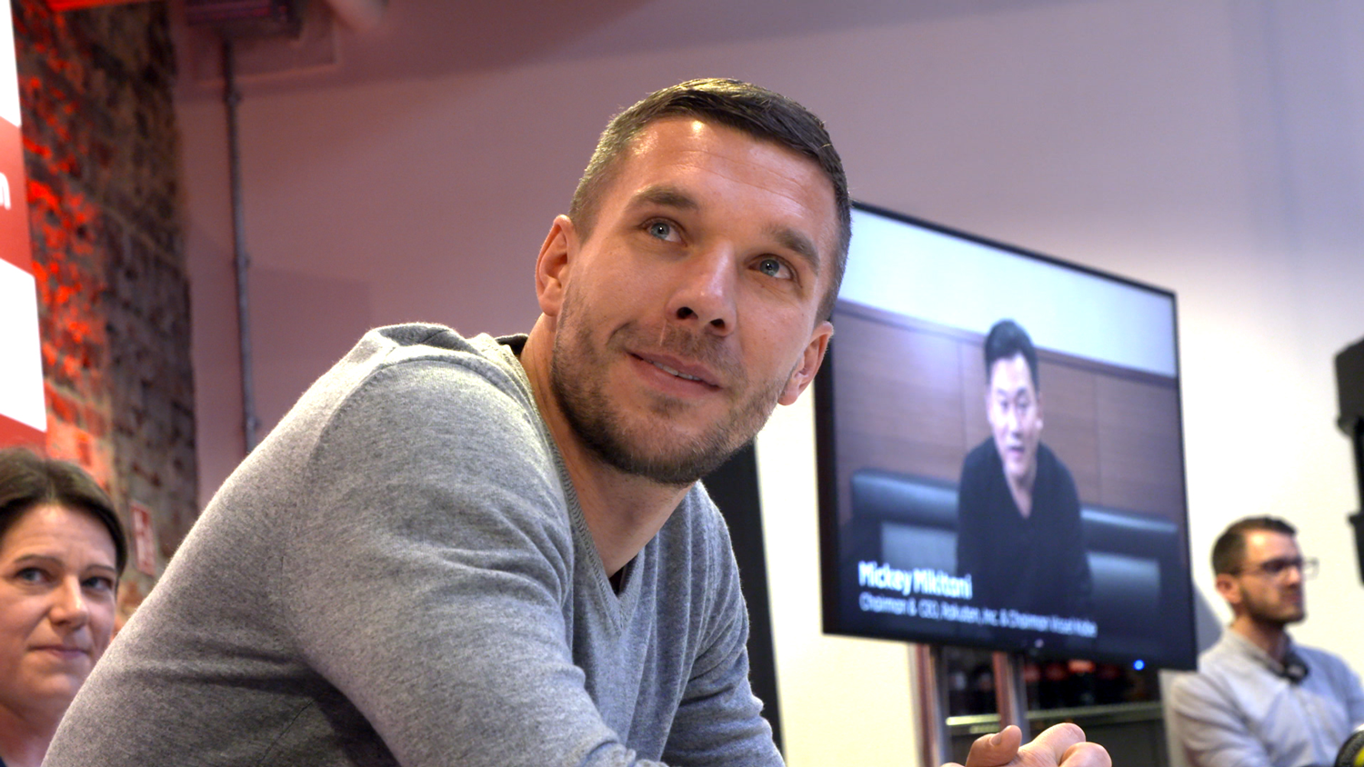 Rakuten CEO Mickey Mikitani congratulates Lukas Podolski via video on his appointment as Global Brand Ambassador for Rakuten at the Schauinsland-Reisen Cup 2019.
