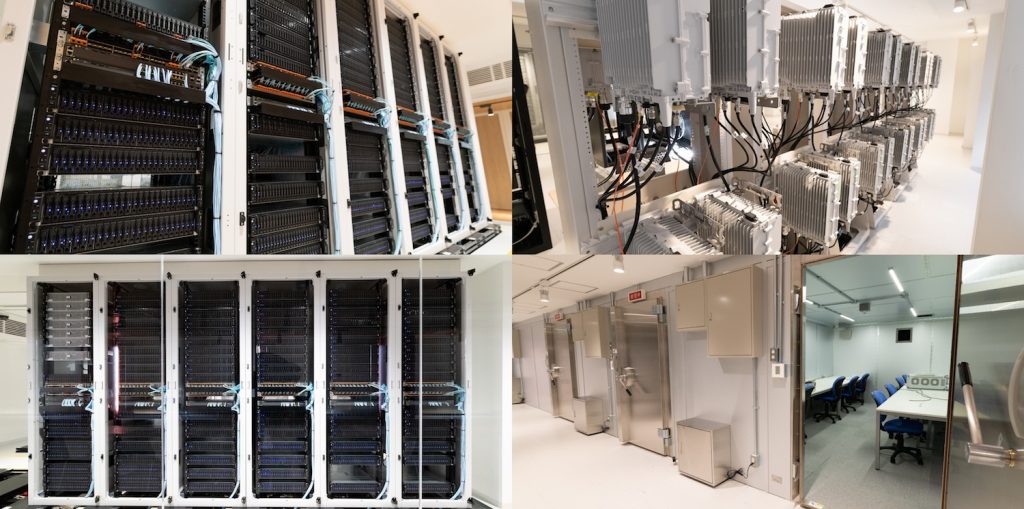 Photos of facility interior (Upper and lower left: server room, upper right: radio station equipment, lower right: shield room)