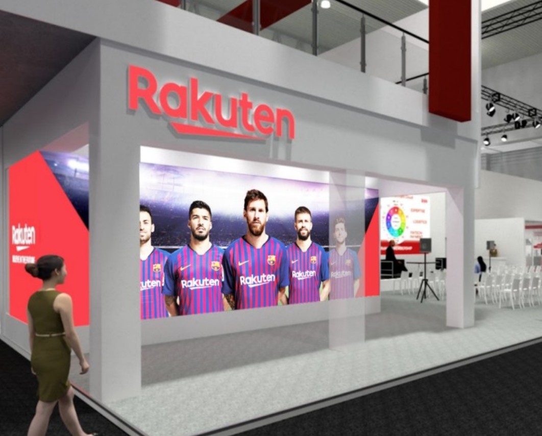 Rakuten's booth at MWC 2019 features a stage for presentation, demo rooms and more than a few familiar faces.