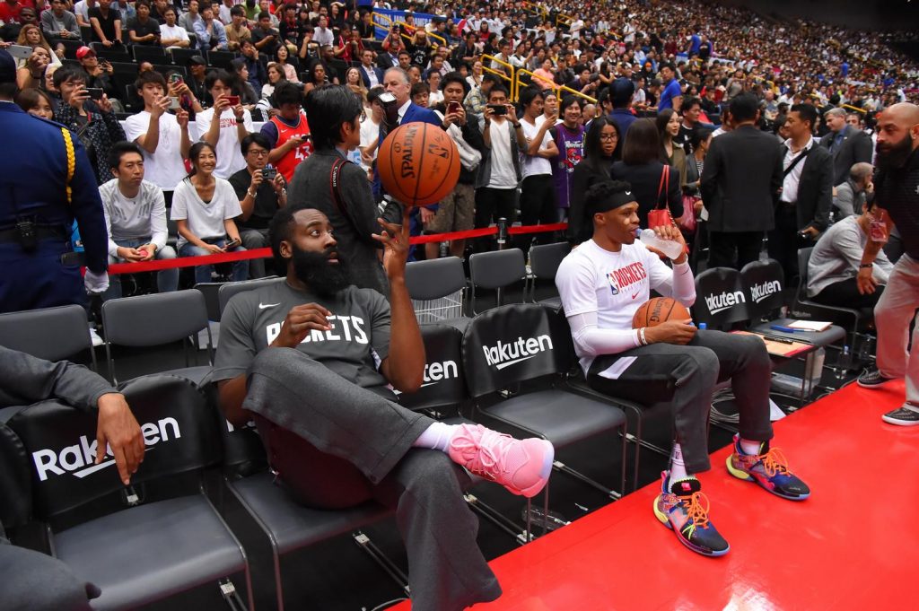 Harden’s pink shoes stood out on the court, eventually making their way to two lucky fans in the crowd after the game.