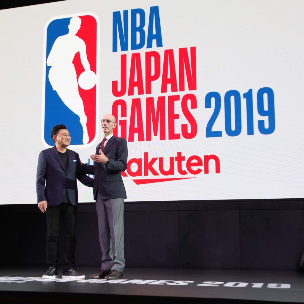 NBA Commissioner Adam Silver shares the importance of the games in Japan on stage with Rakuten CEO Mickey Mikitani.