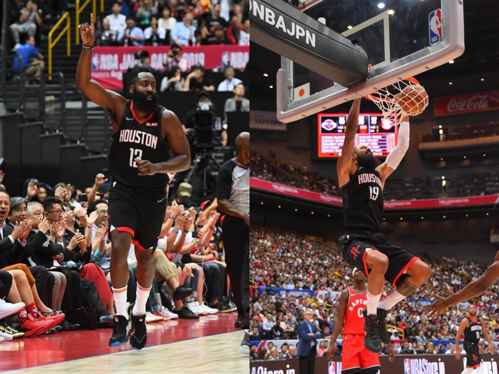 The Rockets’ Harden and center Tyson Chandler in action.