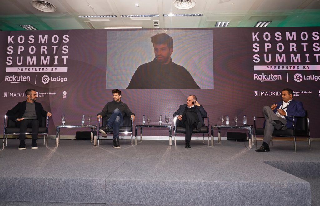 Rahul Kadavakolu (far right), sports business VP and global marketing supervisory department director at Rakuten, on stage with FC Barcelona star and Kosmos President & founder Gerard Pique (center left) and La Liga President Javier Tebas (center right) at the Kosmos Sports Summit.
